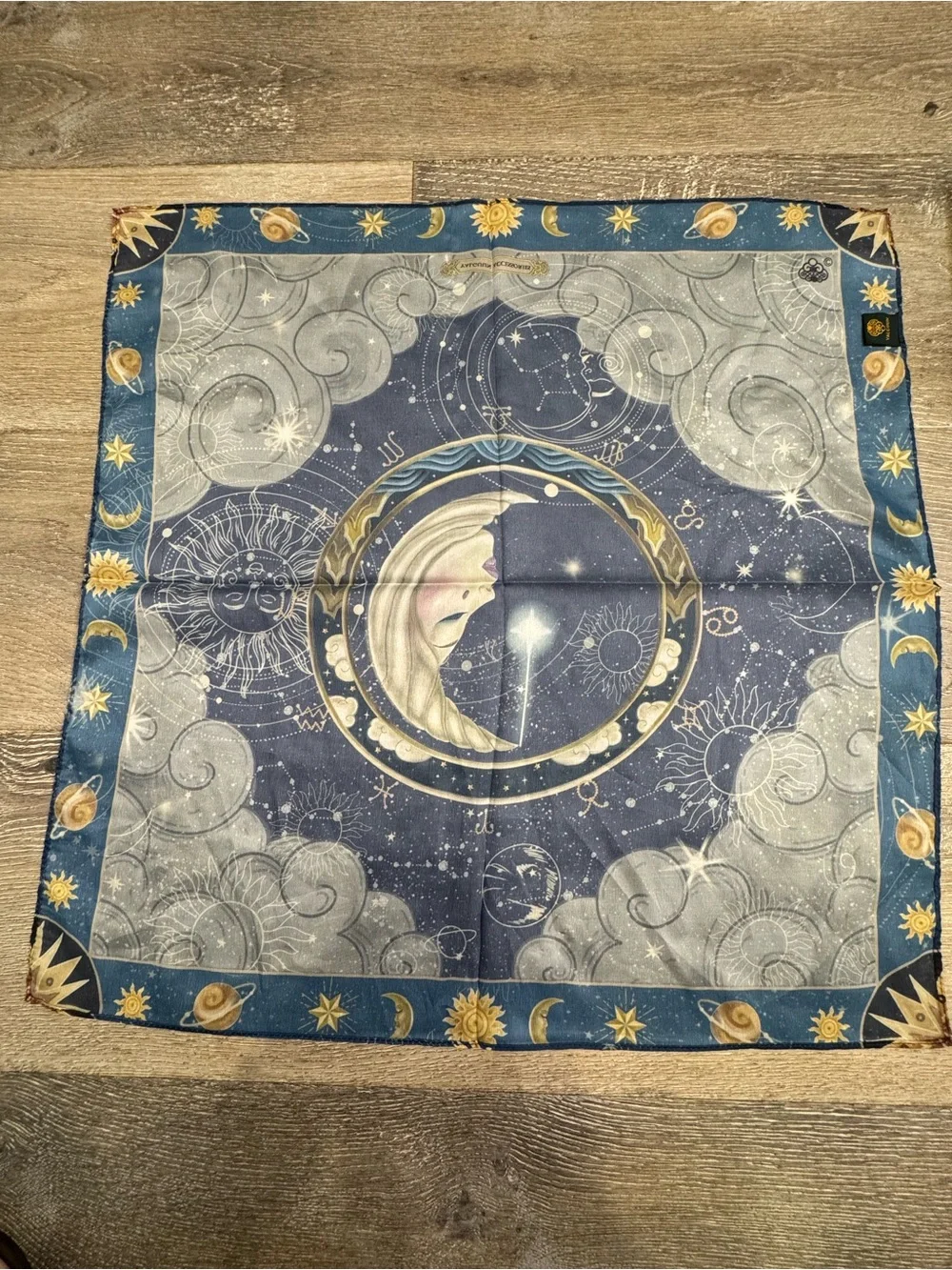 Silk Celestial Moon & Stars Scarf - Navy and Gold 1091